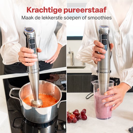 Pied mixeur - AoraKitchen - Set de 6 Piece - 1000W - Turbo - Mousseur à lait - Hachoir - Verre doseur - Fouet