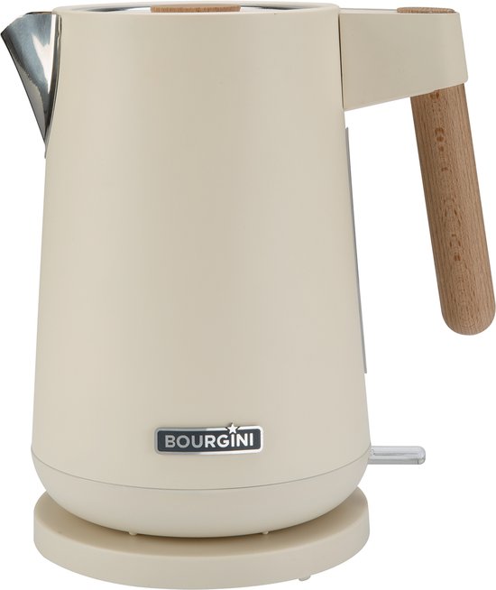 Bourgini Harmony - Bouilloire - acier inoxydable - Crème avec éléments en hêtre véritable - 1.7L - Light design