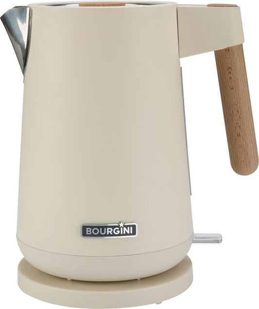 Bourgini Harmony - Bouilloire - acier inoxydable - Crème avec éléments en hêtre véritable - 1.7L - Light design