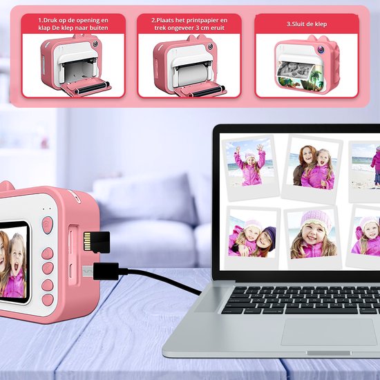 K&L® 3 IN 1 Digital Kids Camera + Instant print + play camera - 32GB micro sd card - camera kids - Vlog camera with games - Photo camera for kids - Small size toy - With video function - Pink
