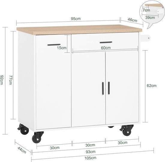 SoBuy îlot de cuisine avec 2 tiroirs et 2 portes - Meuble de cuisine multifonction, blanc, 105 x 46 x 92 cm, FKW126-WN