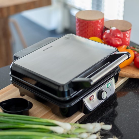 Inventum CG618 - Gril de contact - Gril de table - Surface de gril 28 x 23 cm - Sans PFAS - Revêtement antiadhésif - 1800 watts - acier inoxydable/noir