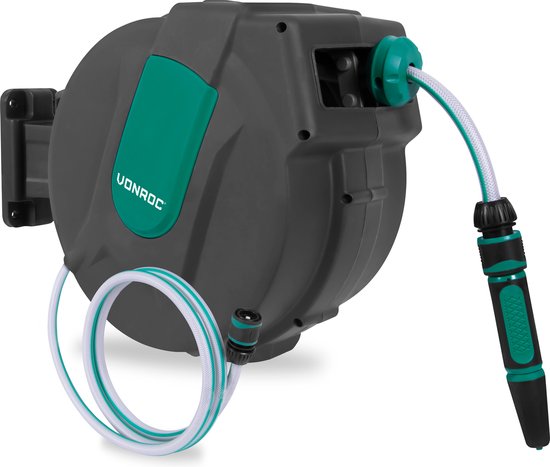 Enrouleur de tuyau automatique - VONROC – Incl. Tuyau d'arrosage de 15 m, tuyau de raccordement, buse, raccords et raccord de robinet - noir vert