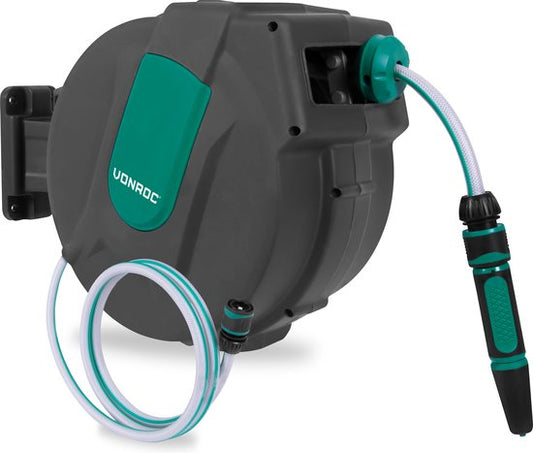 Enrouleur de tuyau automatique - VONROC – Incl. Tuyau d'arrosage de 15 m, tuyau de raccordement, buse, raccords et raccord de robinet - noir vert