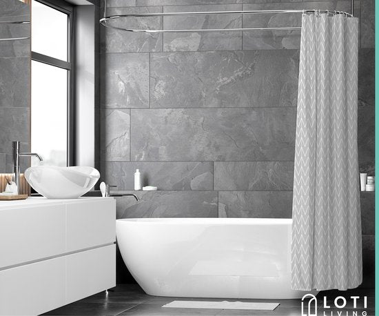 Loti Living Rideau de douche anti-moisissure - Motif gris - Anneaux inclus - Imperméable - Polyester - Rideau de douche 180x200 cm
