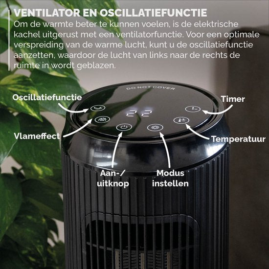 BREND BR-2222 Réchaud électrique avec chauffage d'ambiance et thermostat 18-45 °C - Réchaud à ventilateur en céramique - Chauffage avec fonction Swing - Minuterie - Noir