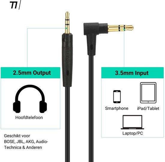 TIKKENS® Câble audio - Prise 2,5 mm vers prise 3,5 mm - Noir - 1,35 m - Aux - Microphone - Convient pour Bose Quietcomfort 25/35, Apple - Casque supra-auriculaire - Câble d'extension