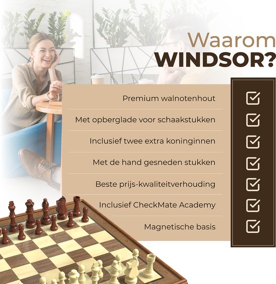 Windsor Luxury Chess Board - avec pièces - 35 cm - Annotations - Jeu d'échecs - Jeu d'échecs magnétique - Jeu d'échecs - Bois