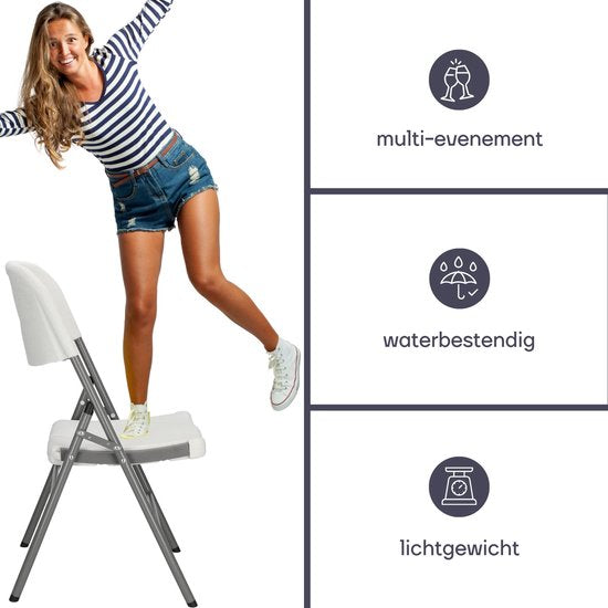 Perel Chaise pliante blanche pour l'intérieur et l'extérieur, en plastique, peu encombrante, idéale pour les événements, les fêtes et la restauration, avec structure en acier et assise résistante aux intempéries