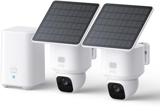 eufy Security SoloCam E30 2-Cam Kit with HomeBase 2, Outdoorcam set- Résolution 2K HD - 360° Pan & 70° Tilt - AI Auto Lock and Tracking - Alimentation solaire avec la technologie SolarPlus™ - Pas de frais d'abonnement - Caméra de sécurité sans fil