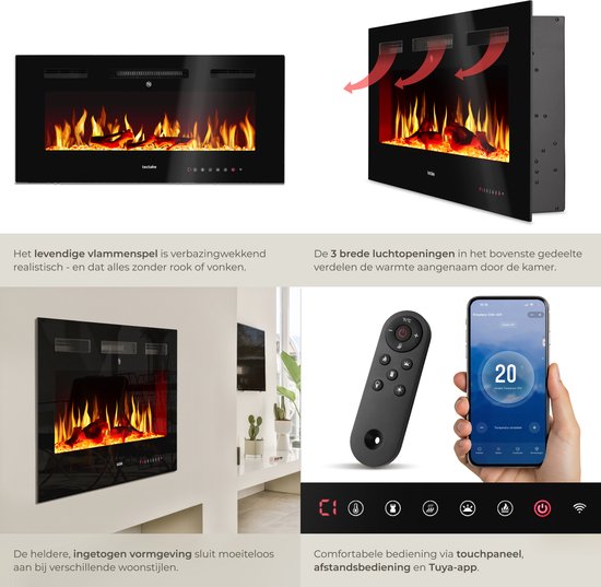 tectake® Wall Fireplace - Cheminée électrique - Atmosphere Fireplace - 91,5 x 12 x 43 cm - 900W & 1800W - contrôlé par télécommande ou application - avec thermostat - poêle - avec chauffage - cheminées - effets de bois et de lueur - flammes 3D - minuteur