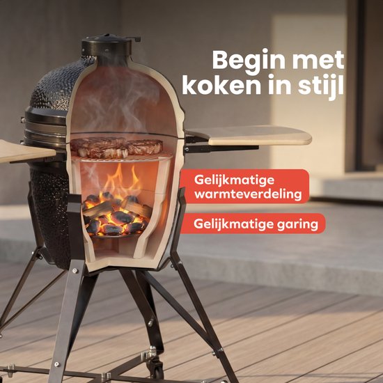 KitchenBrothers Kamado BBQ - 18 Inch Charcoal Barbecue - 38.5⌀ cm - Set complet - Egg BBQ avec accessoires incluant le couvercle - Noir