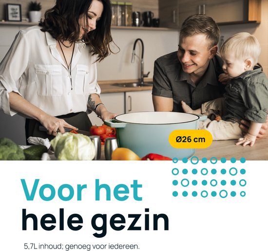 MOA Casserole en fonte - 5,7L - Pour toutes les sources de chaleur y compris l'induction - Avec couvercle - Ø 26cm - Revêtement antiadhésif - Bleu clair