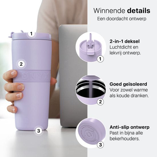 ONYX Bouteille à boire avec paille 700ML - Bouteille d'eau pour enfants et adultes - Mug Thermos Mug de voyage en acier inoxydable - Buvette de motivation - Tasse à boire pour l'école - Violet pastel