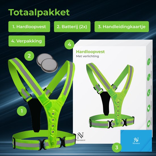 Nuvance Running Vest with Lighting - Gilet de course à pied réfléchissant - Réflexion à 360 degrés - Gilet de course à pied ajustable - LED - Vert