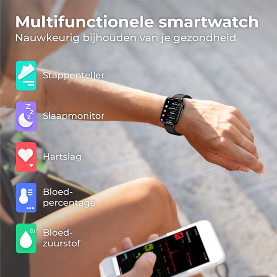 Nuvance - Smartwatch Hommes et Femmes avec Bluetooth - IP68 Waterproof - Convient à tous les Smartphones - Podomètre et moniteur de fréquence cardiaque - Noir