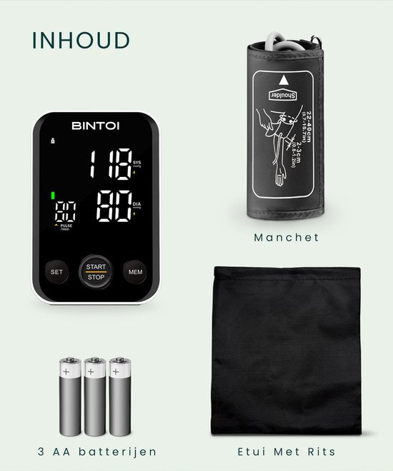 Bintoi® BX300 - Tensiomètre pour le bras - Cardiofréquencemètre - Sac de rangement et piles inclus - 2 utilisateurs