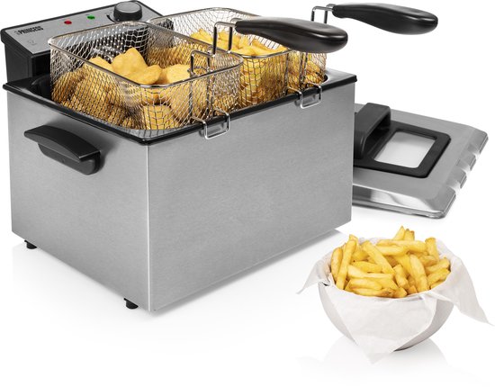 Princess Fryer 185000 - Grande friteuse - 1 grand et 2 petits paniers - 5 litres - 3270W - Hublot de visualisation - Zone froide - Filtre anti-odeurs