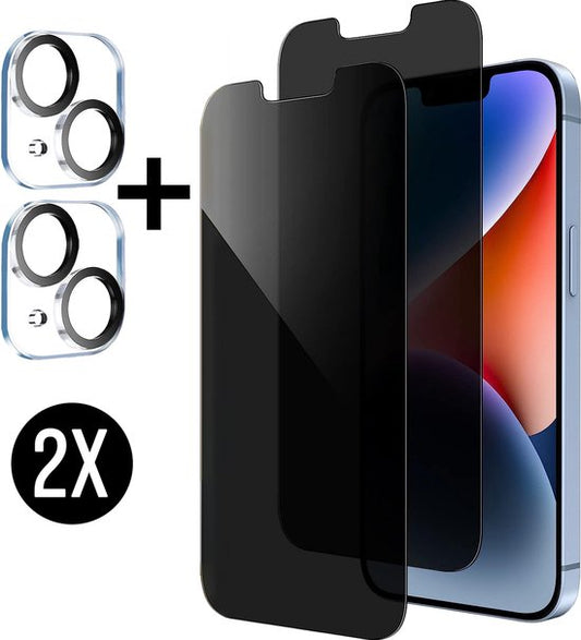 Podec 2x Privacy Screen Protector and 2x Camera Lens Protector for iPhone 13 - Toughened Protective Glass - Transparent and Scratch Resistant - Tempered Glass Screen Cover