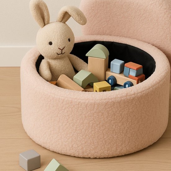 Ceruzo Pouf enfant - Chaise de rangement rose - Boucle Teddy - Dossier souple - Ø 35 -H28 cm
