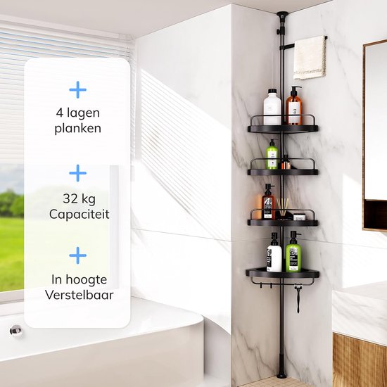 Support de douche Air Corner - Télescopique sans perçage - 4 couches - Accessoires de salle de bain - Suspension - Douche - Supports - Supports - Bain - Panier - Etagère - Suspension - Suspendable - Ventouse - Autocollant - Noir