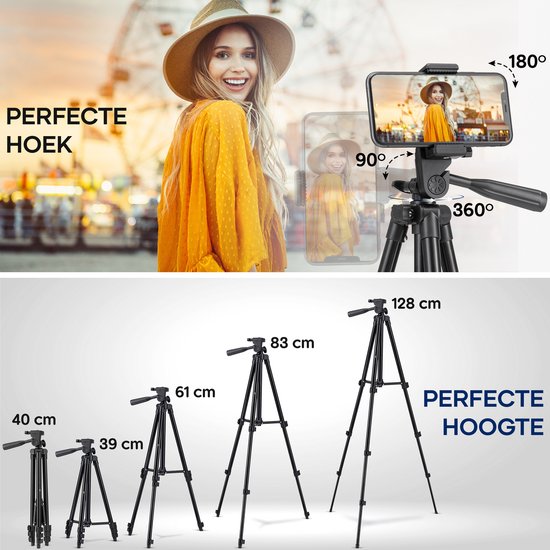 Studio ME Phone Tripod - 128 cm - Trépied Smartphone - Noir - Trépied pour appareil photo - Support pour téléphone - Télécommande Bluetooth incluse - Trépied Téléphone