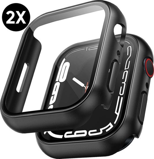 Coque adaptée à l'Apple Watch Series 7 / 8 / 9 - Protection d'écran 45 mm - 2 pièces - Coque rigide complète - Noir - Podec