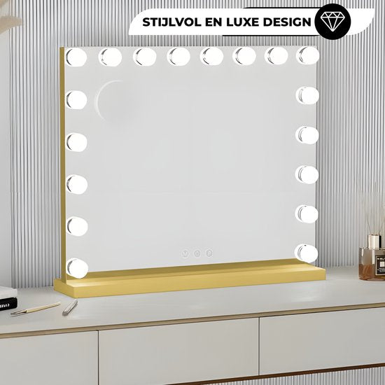 Bayt Hollywood Mirror with Lighting - Make-up Mirror with Lighting - Mirror with Lighting - Hollywood Mirror 80x60 - Dimmable - 10x Magnification - 80x60cm - Gold