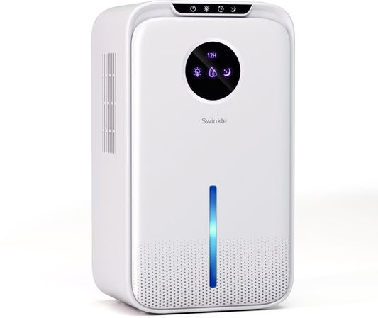 Déshumidificateur Swinkle 2.5L - Déshumidifie jusqu'à 1L par jour - Déshumidificateur avec ioniseur et LED 7 couleurs - Silencieux et économe en énergie - Pour la chambre, la salle de bain et le salon - Blanc