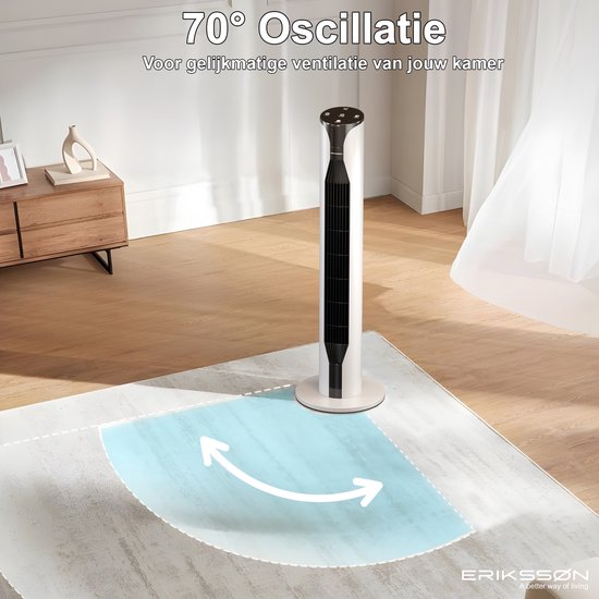 Erikssøn Ventilateur de tour - Silent Comfort Series - Ventilateur de sol avec télécommande - Minuterie - 55W - 39 dB - 106cm - Blanc