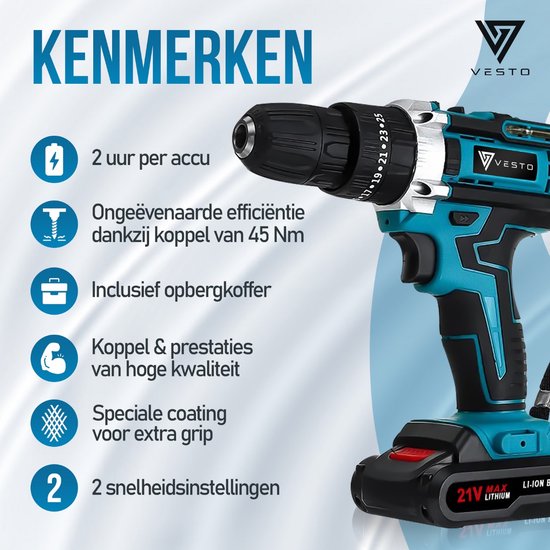 Vesto® PowerDrive Cordless Drill - Tournevis sans fil - Perceuse - Tournevis - Perceuse sans fil - 2 piles incluses