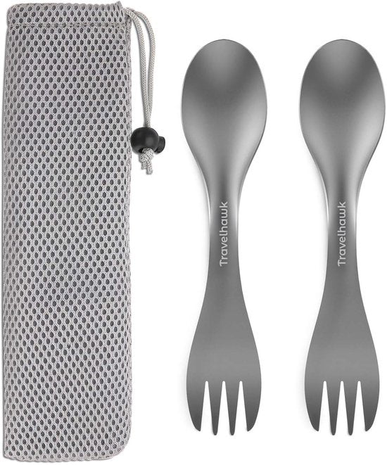 Travelhawk Spork - Couverts de camping en titane - Fourchette et cuillère en un - Couverts pour les déplacements et les voyages - Léger - 2 pièces - Sac de transport inclus