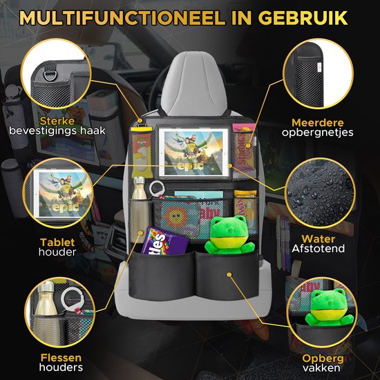 Toivo Set of 2 Luxury Car Seat Organiser - Water-repellent Oxford Material - Black - Tablet Holder - Car Organizer