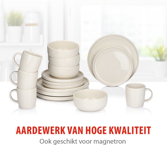 alpina Service de table 16 pièces - Ensemble d'assiettes 4 personnes - Vaisselle en faïence - Assiettes à déjeuner, assiettes à dîner, bols et tasses - Résiste au micro-ondes et au lave-vaisselle - Crème