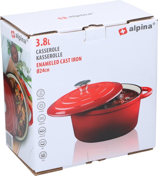 alpina Casserole en fonte avec couvercle - Plaque de cuisson ⌀ 24 cm - Toutes sources de chaleur - Rouge