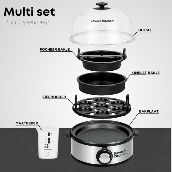 Savoré Kitchen 4-in-1 Poule à oeufs 7 oeufs - Plaque antiadhésive - Electrique - Poule à oeufs avec minuterie