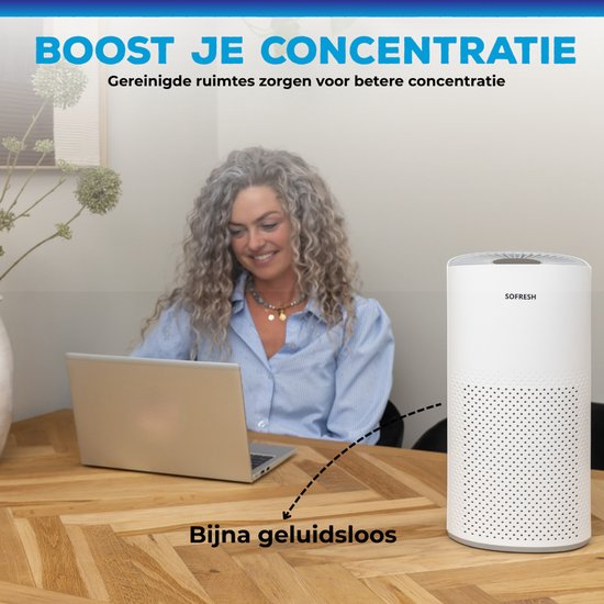 Sofresh - Purificateur d'air avec application - Pour les pièces jusqu'à 30 m² & système de filtration 6 en 1 - Équipé d'un filtre Hepa et d'un indicateur de qualité de l'air - 195 x 195 x 388 mm - Plastique blanc
