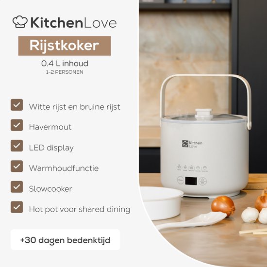 KitchenLove Cuiseur de riz - 0.4L - Multicuiseur - Cuiseur de riz - Mijoteuse - 1 à 2 personnes - Petit - Blanc crème