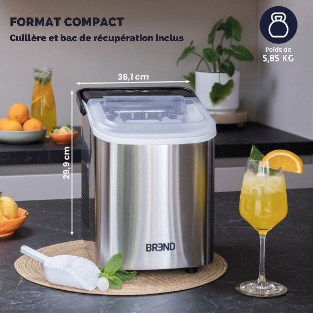 Machine à glaçons BREND - avec cuillère et plateau d'égouttage - Grands L ou petits S glaçons - 10 kg en 24 heures - Argenté