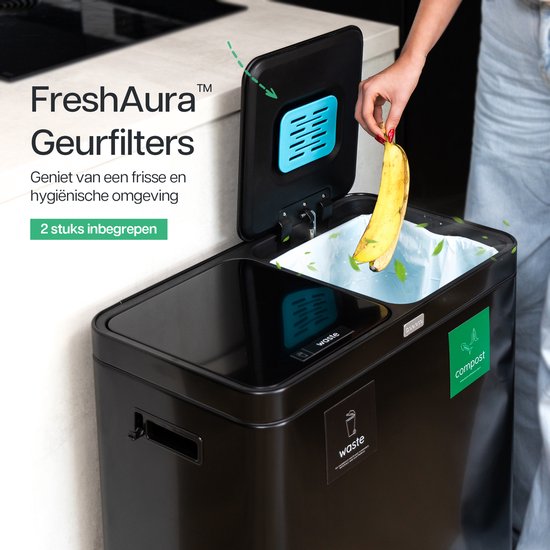 Deleca Recycle Bin with 2 Compartments - 60 Litres (2x30) Waste Bin - Waste Separation / Deposit Container / Pedal Bin - Garbage Bin with FreshAura Odour Control - Slow Close - Stainless Steel Black