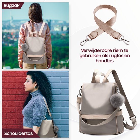 Sac à dos antivol - Sac à dos femmes - Imperméable - Petit - Sac à dos antivol - Dos, Epaule, Sac à main en un - Nylon - avec sangle réglable - Beige - Glennoo