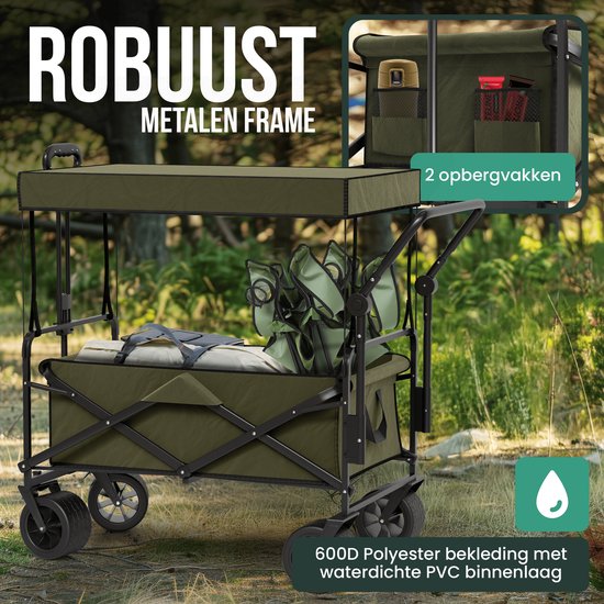 Avalo Bolderkar Avec Toit XL Pliable - Capacité de charge jusqu'à 110KG - 120L - 97x60x105 CM - Roues 360º - Bolderwagen / Bolderwagen / Chariot de plage / Chariot de randonnée / Bolderkar pliable - Pour la plage - Vert
