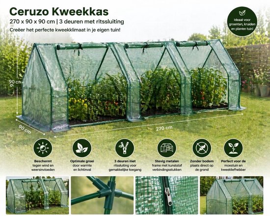 Ceruzo serre 270 cm - Serre à feuilles - 3 portes - Serre - Jardin - 270 x 90 x 90cm