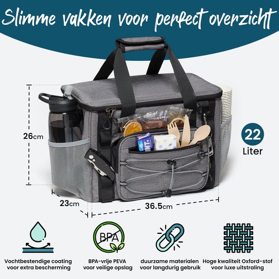 Cool Bag Large - 22 Litres - 5 Layer Insulated Picnic Bag for Adults - Lunch Bag - Grey - Sunflake