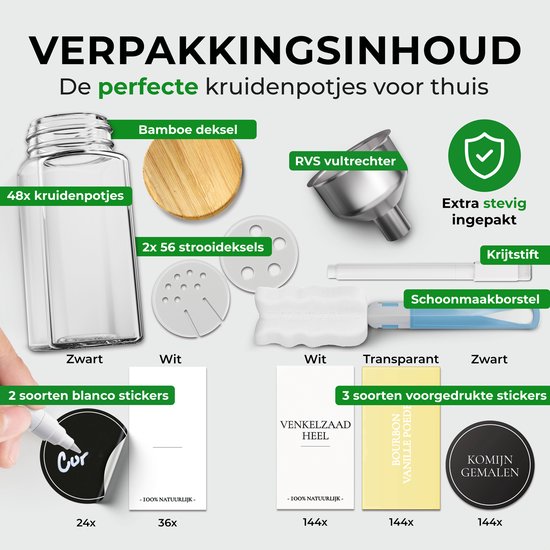 Soothe 48 pots à épices carrés en verre avec couvercle en bambou - 2 types de couvercles à saupoudrer - Spice Spreader - pots à épices - Set complet avec stickers à épices, stick à craie et accessoires - 120ml