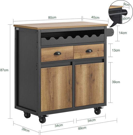 SoBuy Chariot de cuisine à roulettes, îlot de cuisine avec porte-bouteilles, 2 tiroirs et 2 portes, marron vintage, 89x40x87 cm, buffet et meuble de rangement - FKW122-SCH