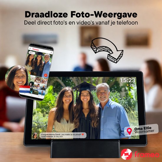 Cadre photo numérique Denver 10,1 pouces - Sans fil - Station de charge incluse - HD - Frameo App - Cadre photo - WiFi - Écran tactile IPS - 16 Go - PFF1070B