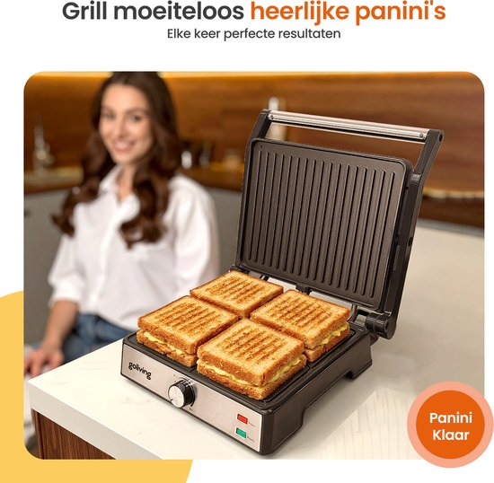 Goliving Toasti Machine XL - Gril à contact - Fer à Toasti - 29 x 23 cm - Gril à panini - Compact - Température réglable - Noir