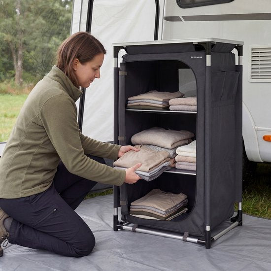 TRVLMORE Camping Cabinet XL - Cuisine de camping - Capacité de charge 90KG - Structure en aluminium - Pliable - Sac de transport inclus - 50x60x97CM - Gris