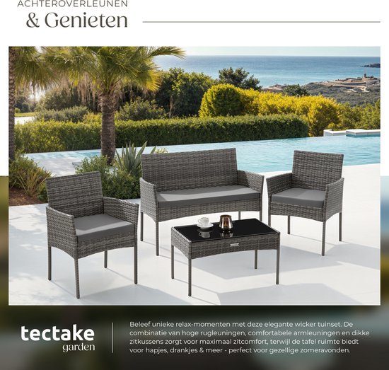 tectake® - Ensemble de jardin en osier Palese - Groupe de sièges pour 4 personnes - Ensemble de meubles de jardin avec banc de salon, table de jardin et 2 chaises de jardin, y compris les coussins d'assise - Meubles de jardin - Résistant à l'eau - Gris